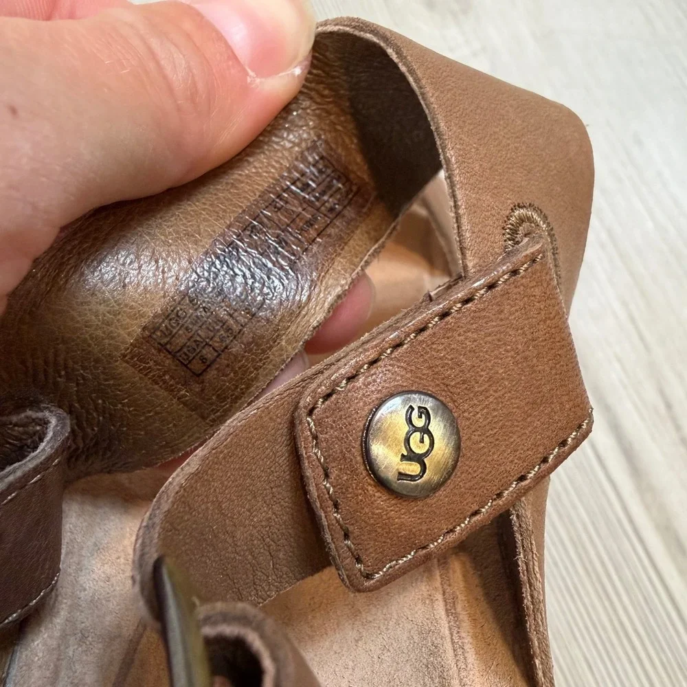 UGG Serinda Brown Leather Metallic Braid Cork Wedge Sandals 1010167 Womens 8